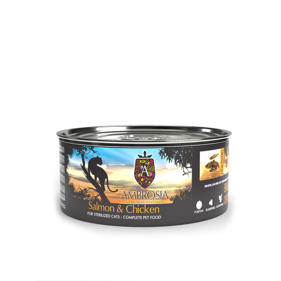 NATURAL TRAINER AMBROSIA GRAIN FREE STERILISED CAT CHICKEN & SALMON 12X NATURAL TRAINER AMBROSIA GRAIN FREE STERILISED CAT CHICKEN & SALMON 12X