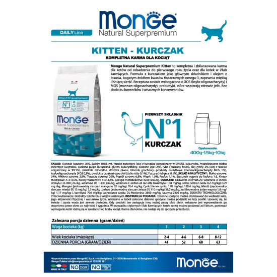 MONGE NATURAL SUPERPREMIUM KITTEN ΜΕ ΚΟΤΌΠΟΥΛΟ