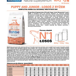 MONGE NATURAL SUPERPREMIUM PUPPY & JUNIOR ALL BREEDS ΜΕ ΣΟΛΩΜΌ & ΡΎΖΙ ΜΟΝΟΠΡΩΤΕΪΝΙΚΉ