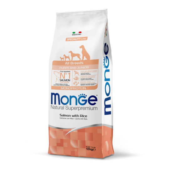 MONGE NATURAL SUPERPREMIUM PUPPY & JUNIOR ALL BREEDS ΜΕ ΣΟΛΩΜΌ & ΡΎΖΙ ΜΟΝΟΠΡΩΤΕΪΝΙΚΉ