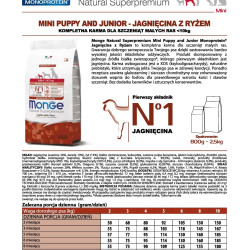 MONGE NATURAL SUPERPREMIUM PUPPY & JUNIOR MINI ΜΕ ΑΡΝΊ & ΡΎΖΙ